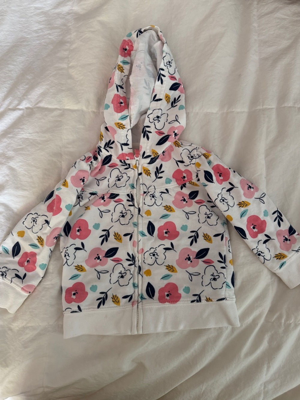 Girls' Floral Zip Hoodie - White with Pink & Navy Accents